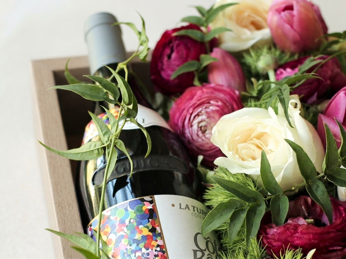 Floral arrangement with wine bottle — wine and flowers lifestyle by VinFloria