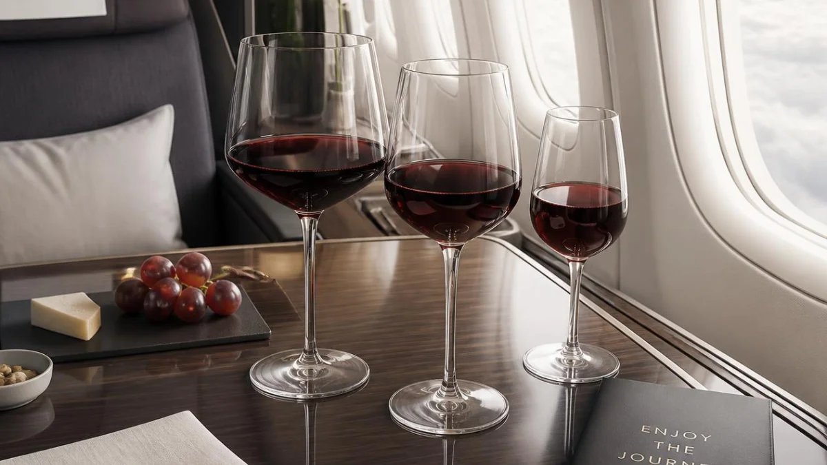 Three red wine glasses placed on a table in a premium airplane cabin.