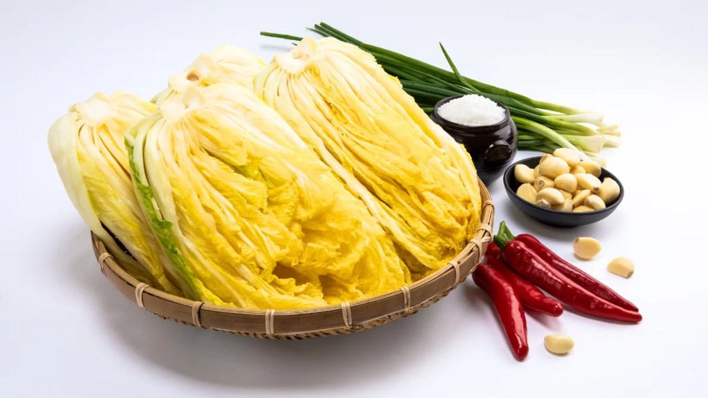 Napa cabbage, coarse salt, and various ingredients prepared for kimchi fermentation