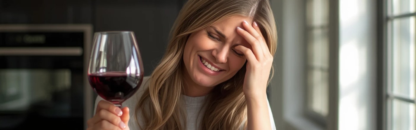 A woman wincing from a wine headache while holding a glass of red wine.