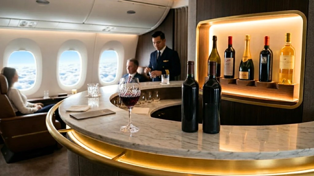 An upscale onboard airline bar with a marble counter and a window with a view of clouds.