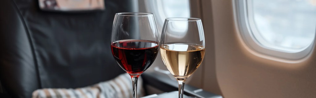 Red and white wine glasses on a tray table in an airplane cabin, exploring the science behind why wine tastes different on a plane.